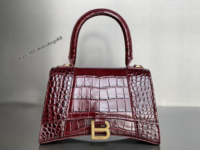 Balenciaga專櫃新款升級版鱷魚紋酒紅色手提包肩背女包 巴黎世家原廠皮版本S號沙漏包 fyj1377